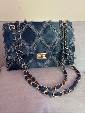 Fringed Quilted Denim Shoulder Bag with Gold Chain - Blue